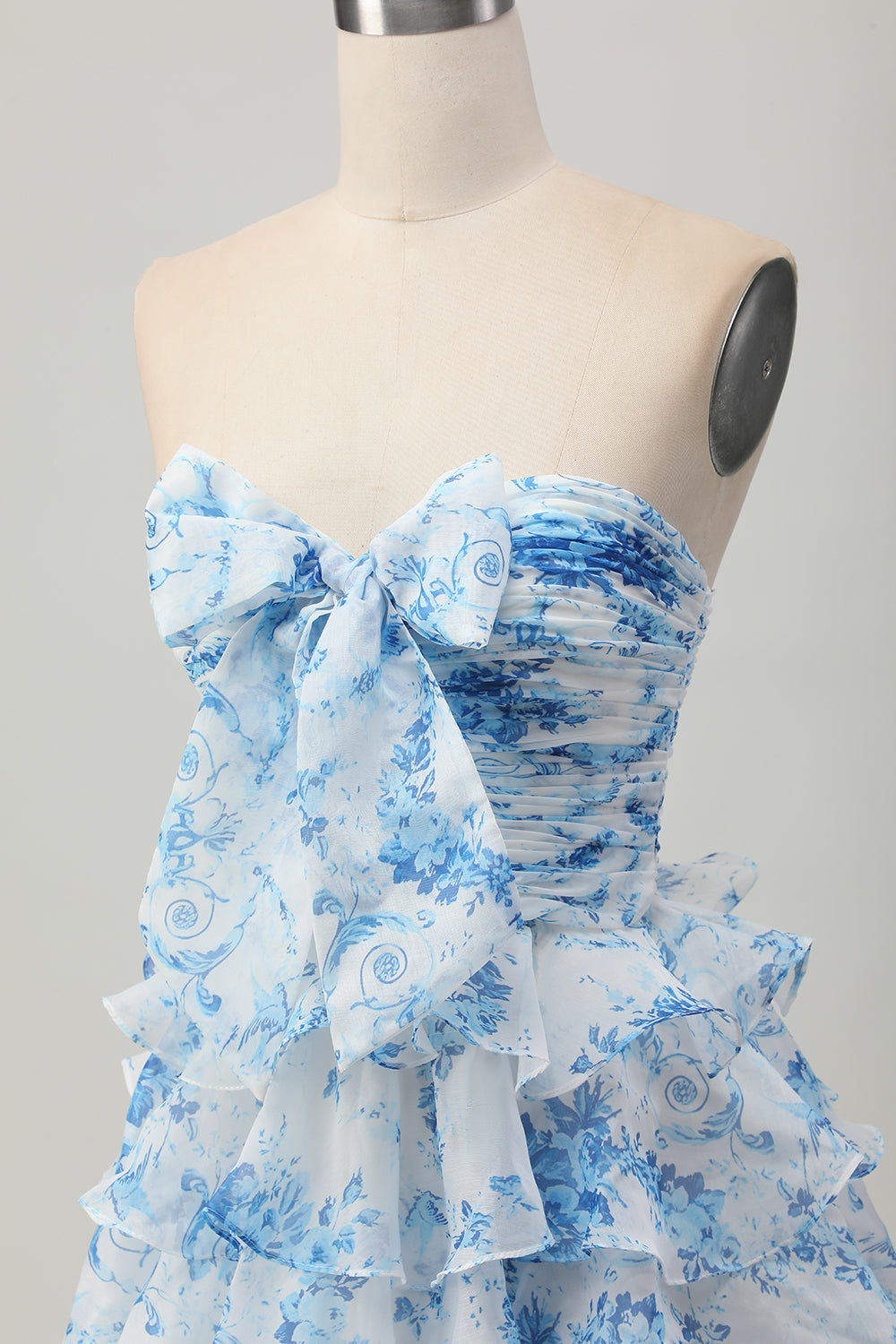 Pink Flower A Line Tiered Ruffled Short Homecoming Dress with Bow