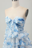 Pink Flower A Line Tiered Ruffled Short Homecoming Dress with Bow