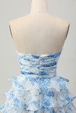 Pink Flower A Line Tiered Ruffled Short Homecoming Dress with Bow