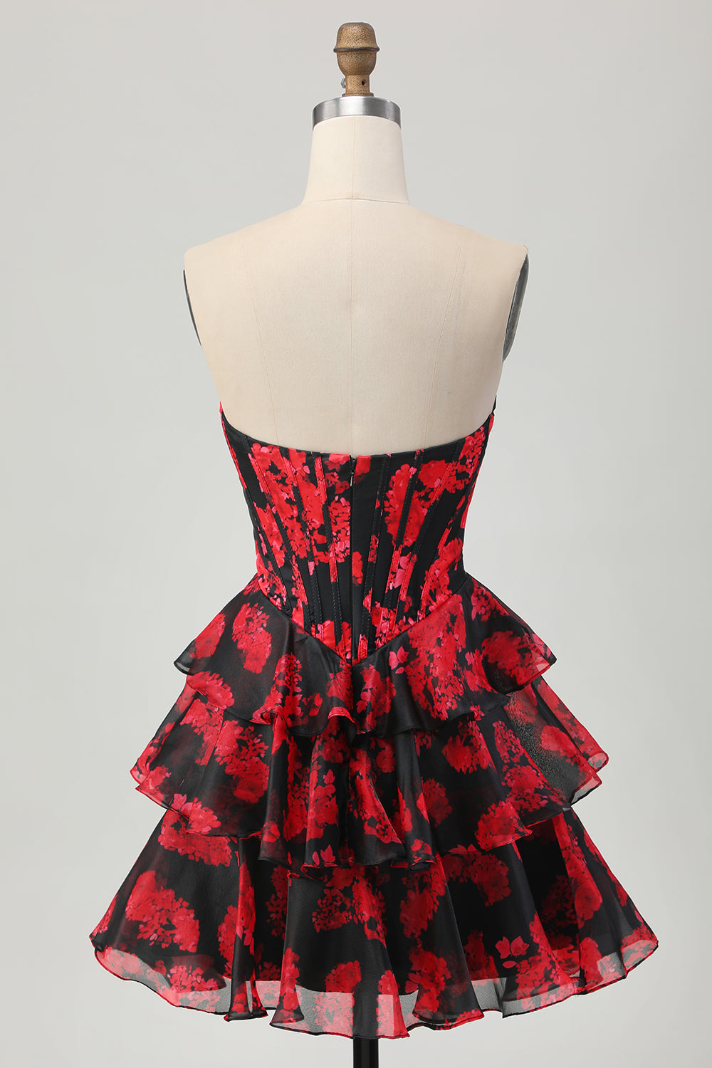 Black and Red Floral Corset A Line Short Homecoming Dress with Ruffles