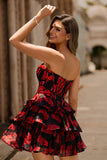 Black and Red Corset Sweetheart Floral Short Homecoming Dress with Ruffles