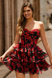 Black and Red Floral Corset A Line Short Homecoming Dress with Ruffles