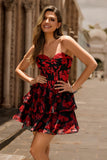 Black and Red Floral Corset A Line Short Homecoming Dress with Ruffles
