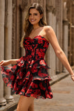 Black and Red Floral Corset A Line Short Homecoming Dress with Ruffles