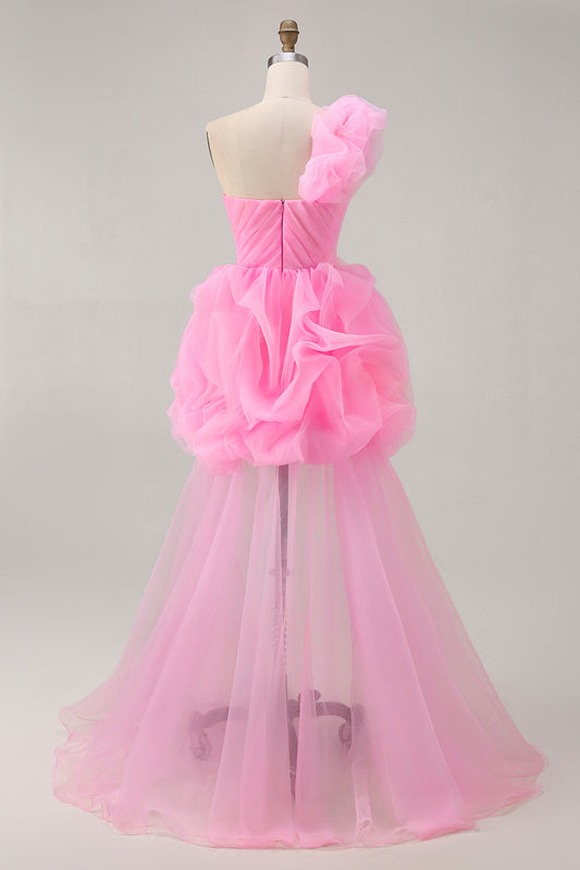 Hot Pink One Shoulder Ruffled Floral Tulle High-Low Homecoming Dress