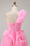 Hot Pink One Shoulder Ruffled Floral Tulle High-Low Homecoming Dress