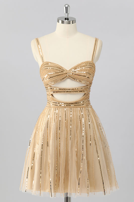 Sparkly Gold Spaghetti Straps Short Homecoming Dress with Beading