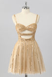 Sparkly Gold Spaghetti Straps Short Homecoming Dress with Beading