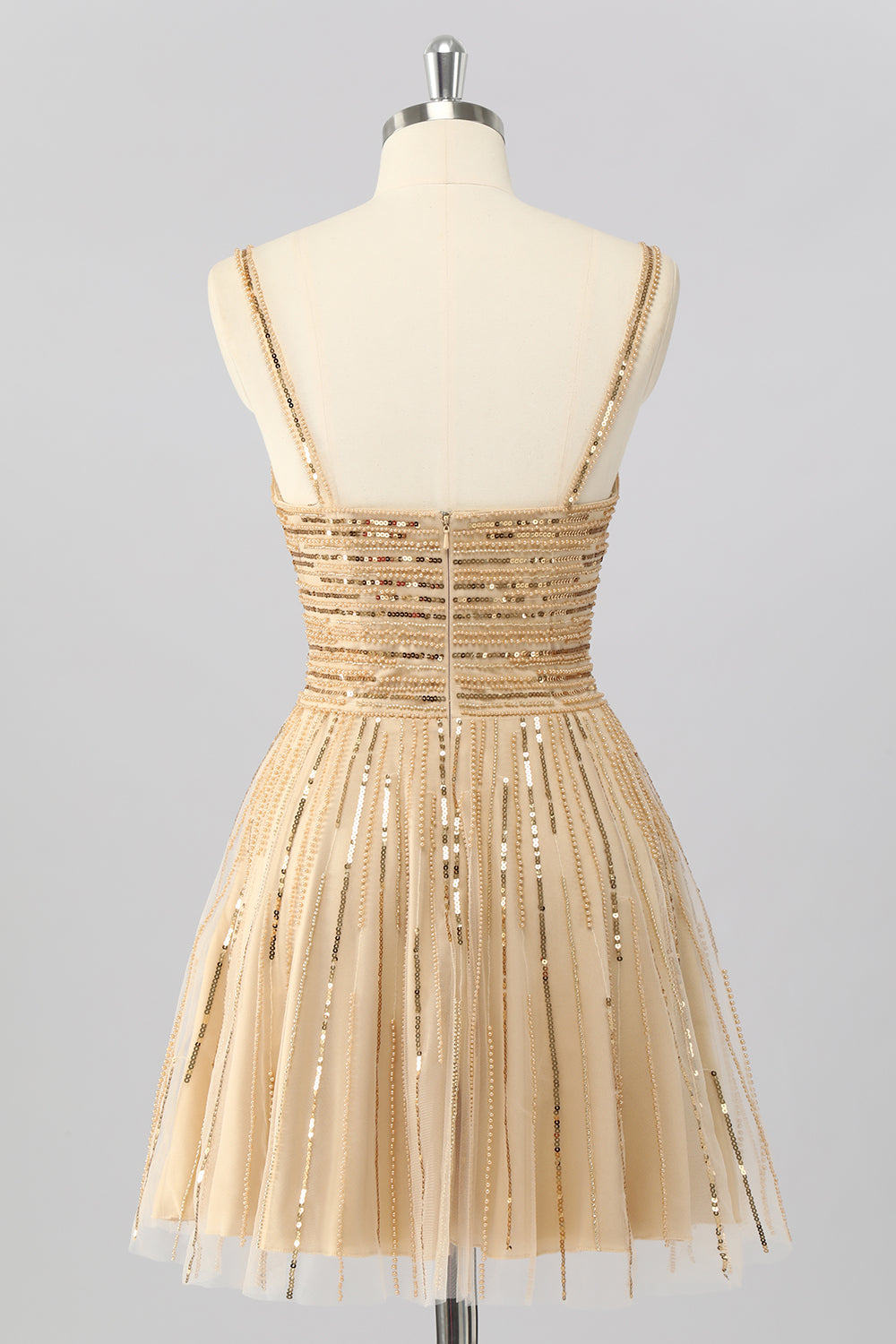 Sparkly Gold Spaghetti Straps Short Homecoming Dress with Beading
