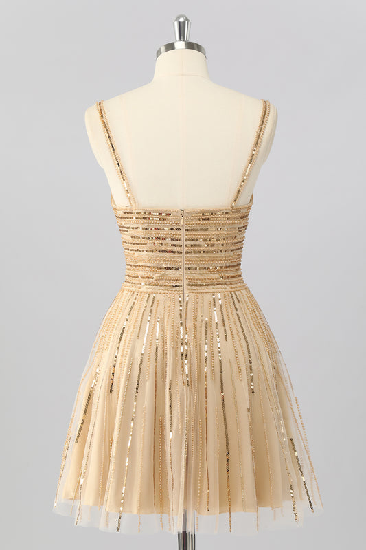 Sparkly Gold Spaghetti Straps Short Homecoming Dress with Beading