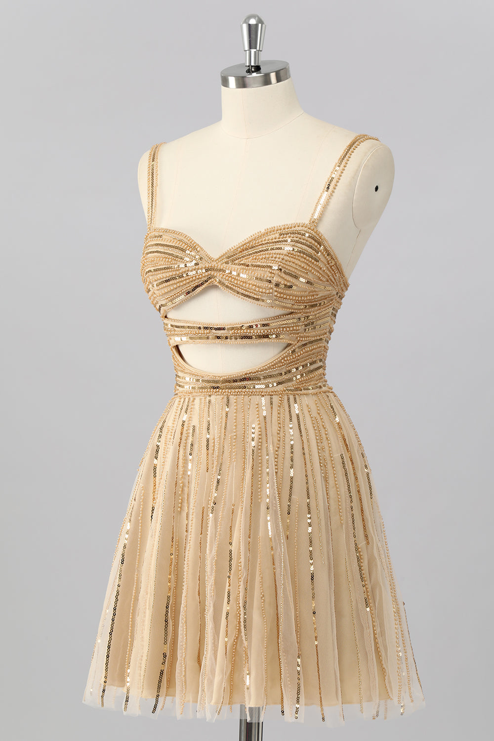 Sparkly Gold Spaghetti Straps Short Homecoming Dress with Beading