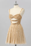 Sparkly Gold Spaghetti Straps Short Homecoming Dress with Beading