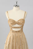 Sparkly Gold Spaghetti Straps Short Homecoming Dress with Beading