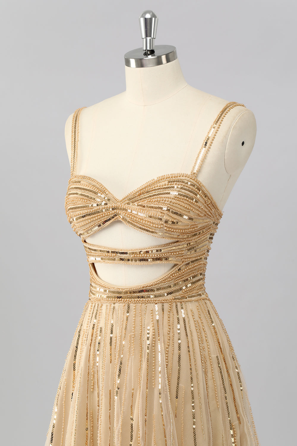 Sparkly Gold Spaghetti Straps Short Homecoming Dress with Beading