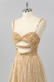 Sparkly Gold Spaghetti Straps Short Homecoming Dress with Beading