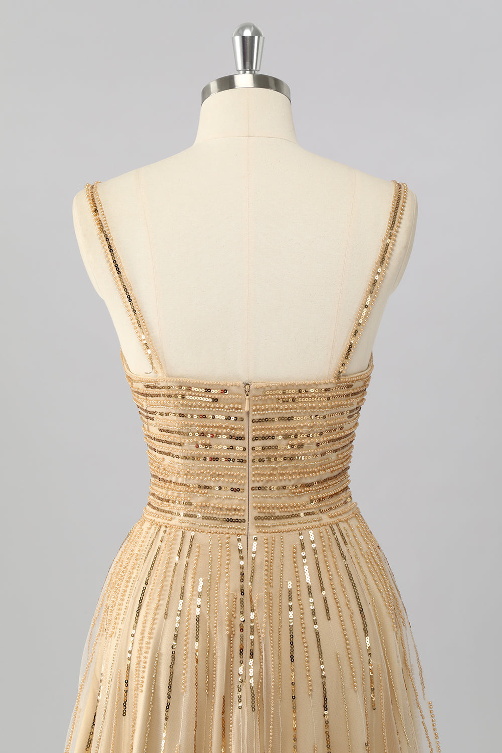 Sparkly Gold Spaghetti Straps Short Homecoming Dress with Beading