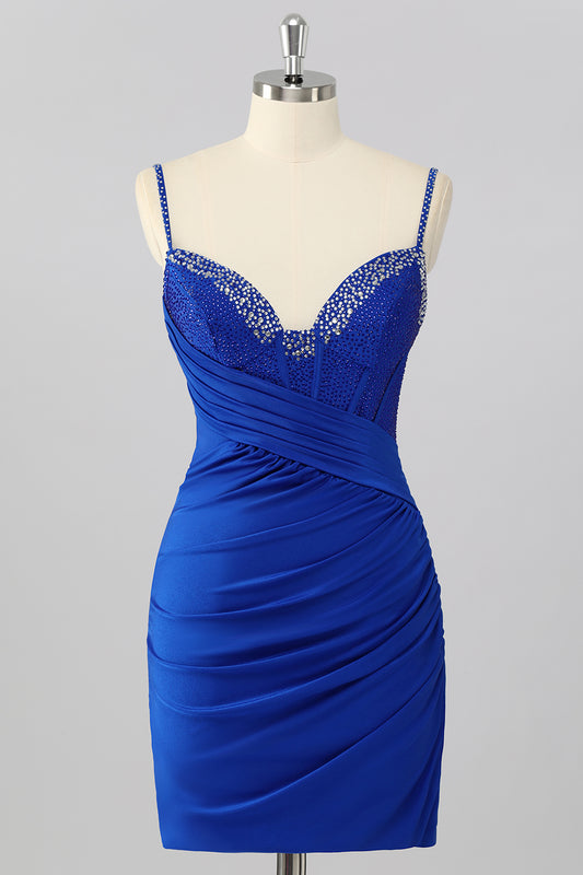 Sparkly Royal Blue Tight Short Corset Homecoming Dress with Beading
