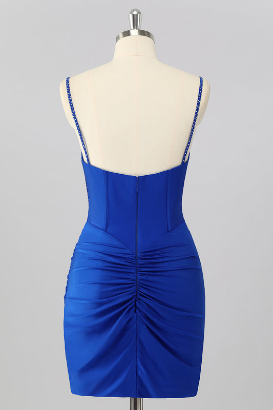 Sparkly Royal Blue Tight Short Corset Homecoming Dress with Beading