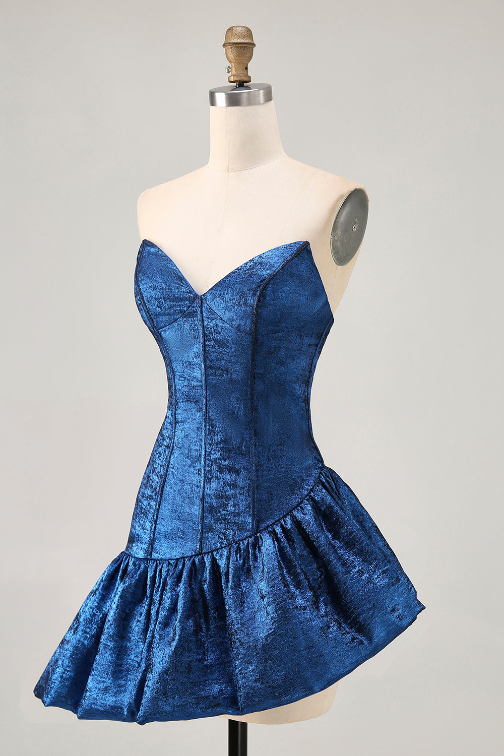 Dark Blue Strapless Metallic Corset Asymmetrical Homecoming Dress