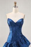 Dark Blue Strapless Metallic Corset Asymmetrical Homecoming Dress
