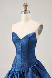 Dark Blue Strapless Metallic Corset Asymmetrical Homecoming Dress