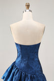 Dark Blue Strapless Metallic Corset Asymmetrical Homecoming Dress