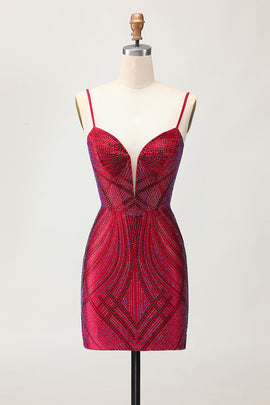 Sparkly Burgundy Tight Short Homecoming Dress with Beading