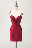 Sparkly Burgundy Tight Short Homecoming Dress with Beading