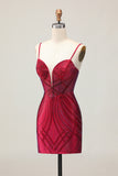 Sparkly Burgundy Tight Short Homecoming Dress with Beading