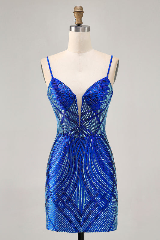 Sparkly Royal Blue Backless Short Tight Homecoming Dress with Beading