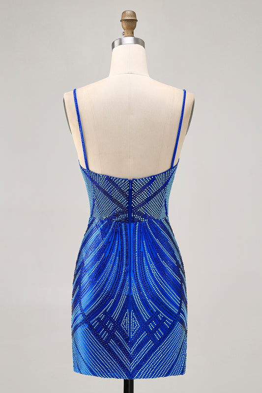 Sparkly Royal Blue Backless Short Tight Homecoming Dress with Beading