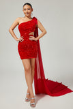 Sparkly Red One Shoulder Short Homecoming Dress with 3D Flowers