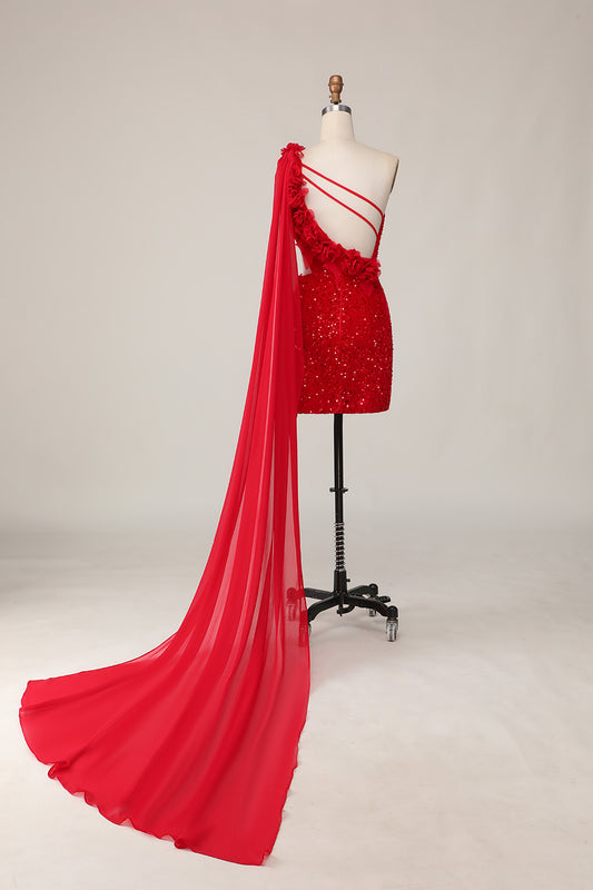 Sparkly Red One Shoulder Short Homecoming Dress with 3D Flowers