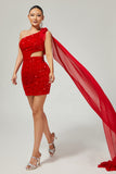 Sparkly Red One Shoulder Short Homecoming Dress with 3D Flowers
