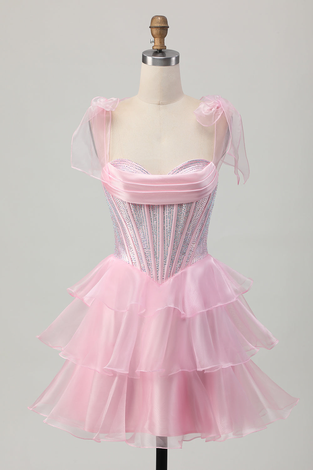 Sparkly Pink Corset Short Tiered Homecoming Dress with Ruffles