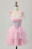 Sparkly Pink Corset Short Tiered Homecoming Dress with Ruffles