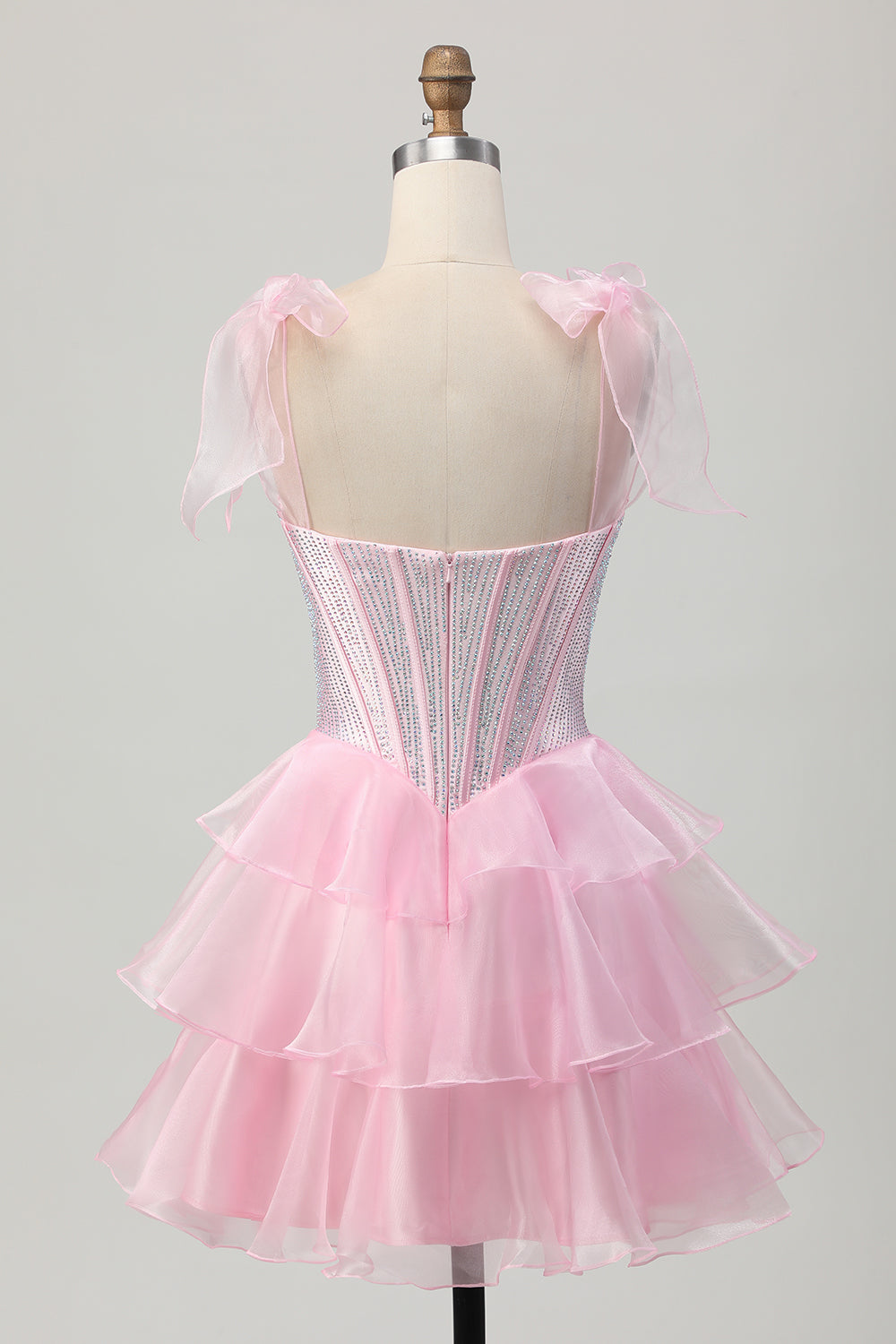 Sparkly Pink Corset Ruched Tiered Short Homecoming Dress with Beading Sparkly Pink Corset Ruched Tiered Short Homecoming Dress with Beading