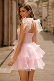 Sparkly Pink Corset Ruched Tiered Short Homecoming Dress with Beading