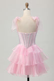 Sparkly Pink Corset Short Tiered Homecoming Dress with Ruffles