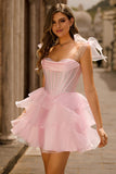 Sparkly Pink Corset Short Tiered Homecoming Dress with Ruffles