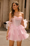 Sparkly Pink Corset Short Tiered Homecoming Dress with Ruffles