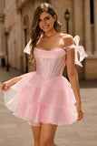 Sparkly Pink Corset Short Tiered Homecoming Dress with Ruffles