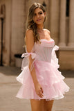 Sparkly Pink Corset Short Tiered Homecoming Dress with Ruffles
