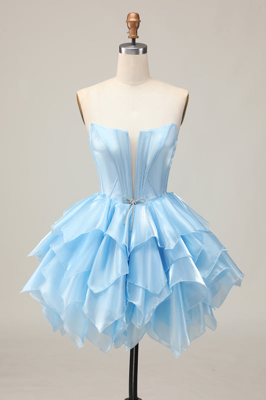 Blue Corset A Line Strapless Short Homecoming Dress with Ruffles