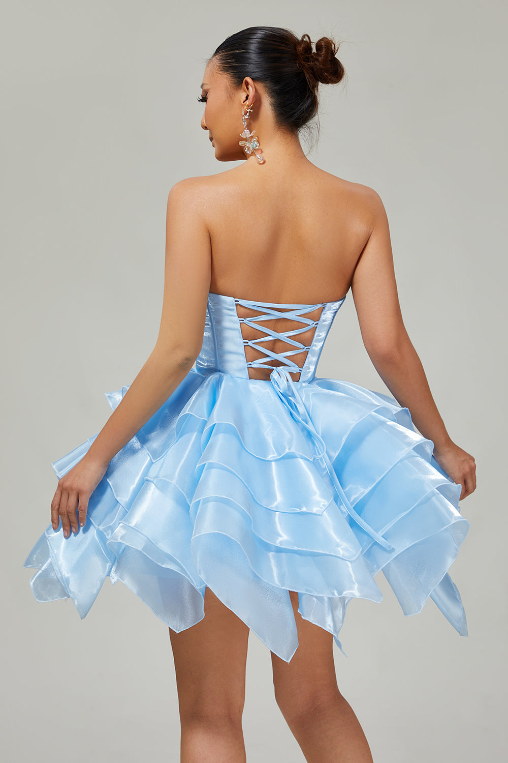 Zapaka Women Strapless Homecoming Dress with Lace Up Back Pink A Line Tiered Corset A Line Short Prom Dress, Blue / US2