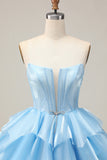 Pink A Line Corset Tiered Short Homecoming Dress with Ruffles