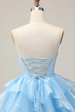Pink A Line Corset Tiered Short Homecoming Dress with Ruffles