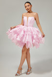 Pink A Line Corset Tiered Short Homecoming Dress with Ruffles