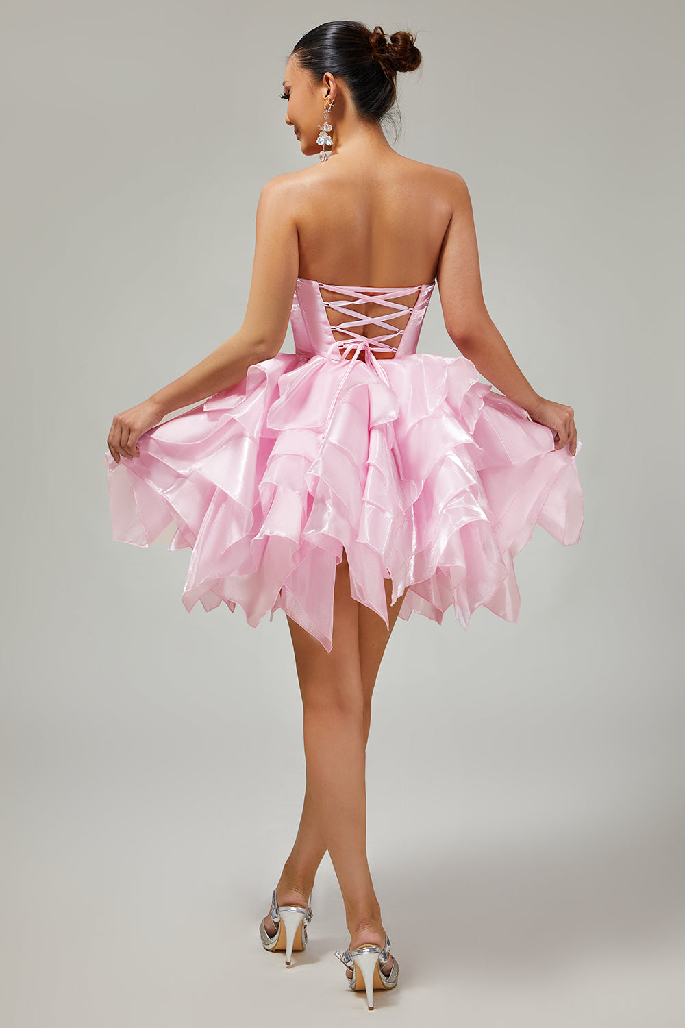 Pink A Line Corset Tiered Short Homecoming Dress with Ruffles
