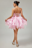 Pink A Line Corset Tiered Short Homecoming Dress with Ruffles